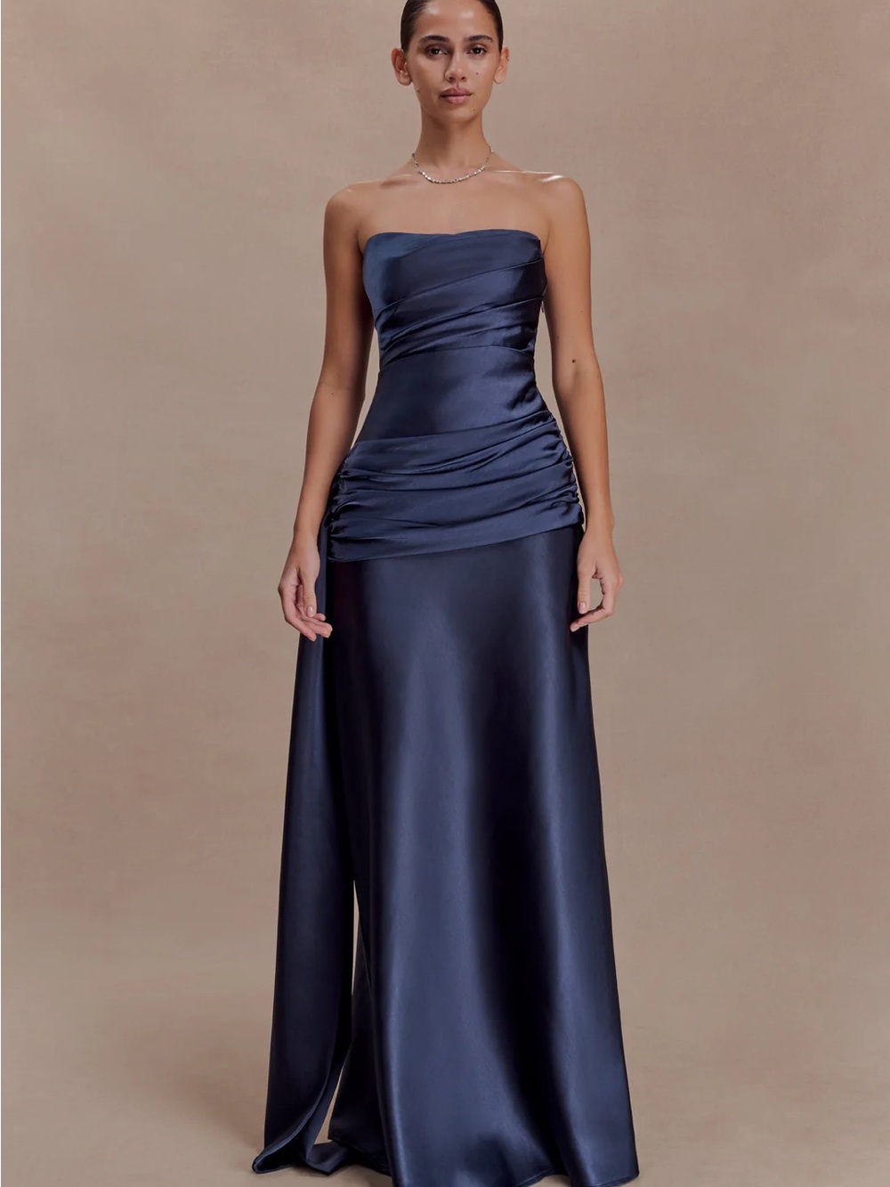 Meshki Sarah Dress: Strapless Navy Satin Ruched Evening Gown